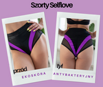 SCHWARZE SELFLOVE-SHORTS MIT LILA 3D-EINSATZ