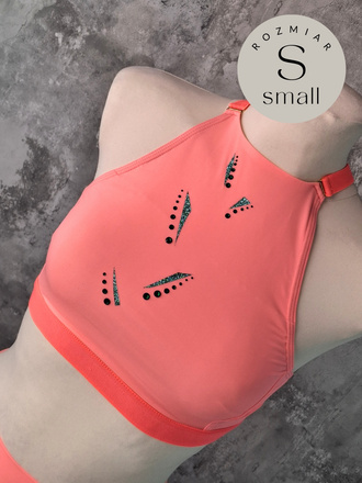 KENDALL TOP FOR IPSF/POSA COMPETITIONS - CORAL WITH GREEN FOIL AND CRYSTALS DECORATION